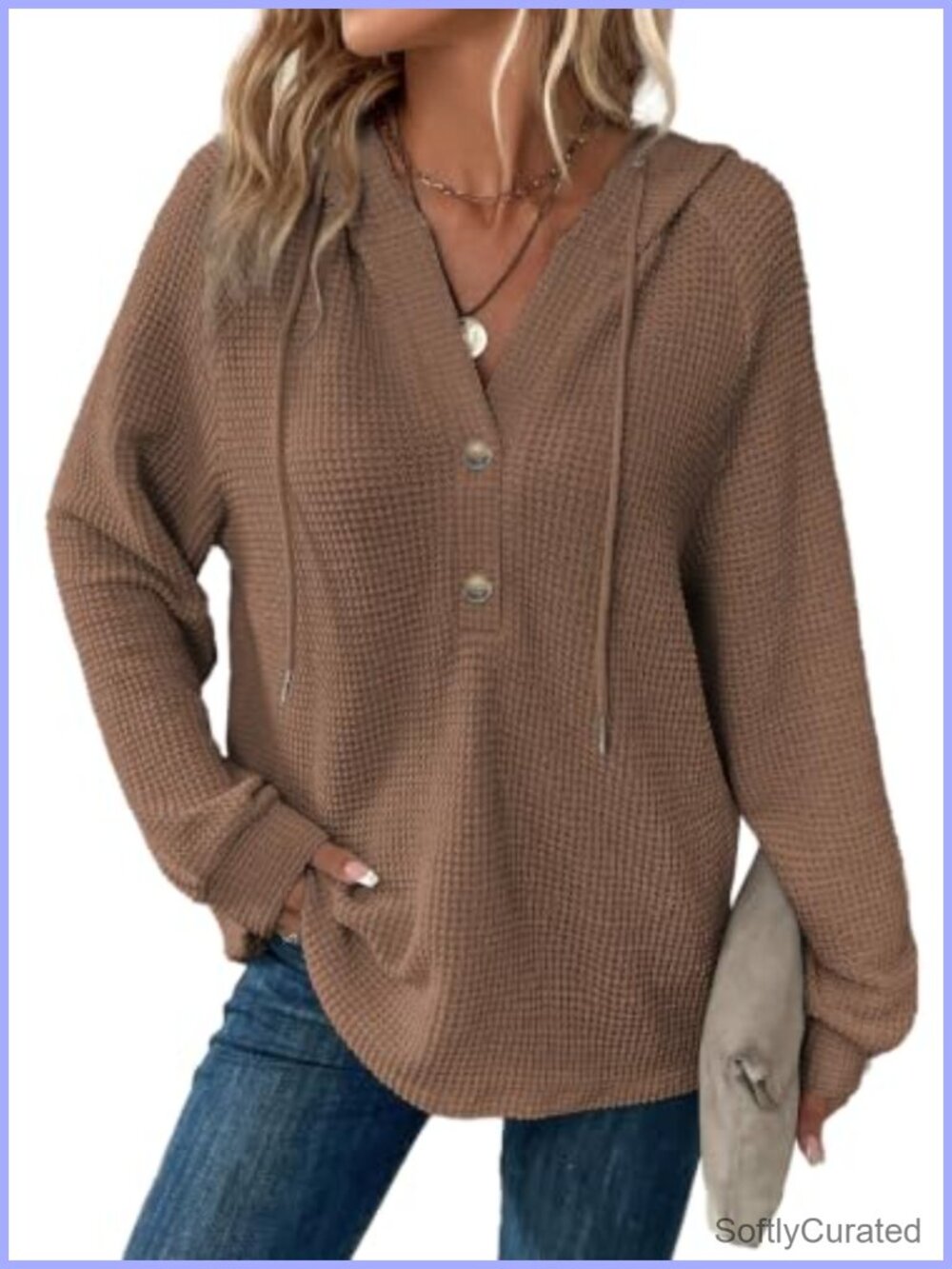 Waffle Knit V Neck Button Front Oversized Hoodie Sweatshirt